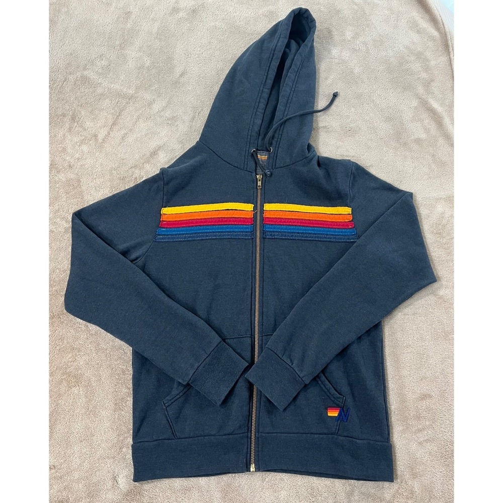 Aviator Nation 5 stripe Hoodie Women Size M  Blue Full Zip Good